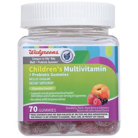 Walgreens Children's Multivitamin + Probiotic Gummies Strawberry, Peach, Mixed Berry & Elderberry - 70.0 ea