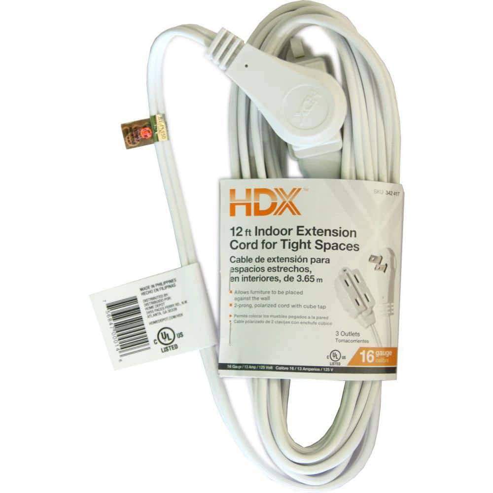 HDX Indoor Tight Space Multi-Outlet Extension Cord, 12 ft, White