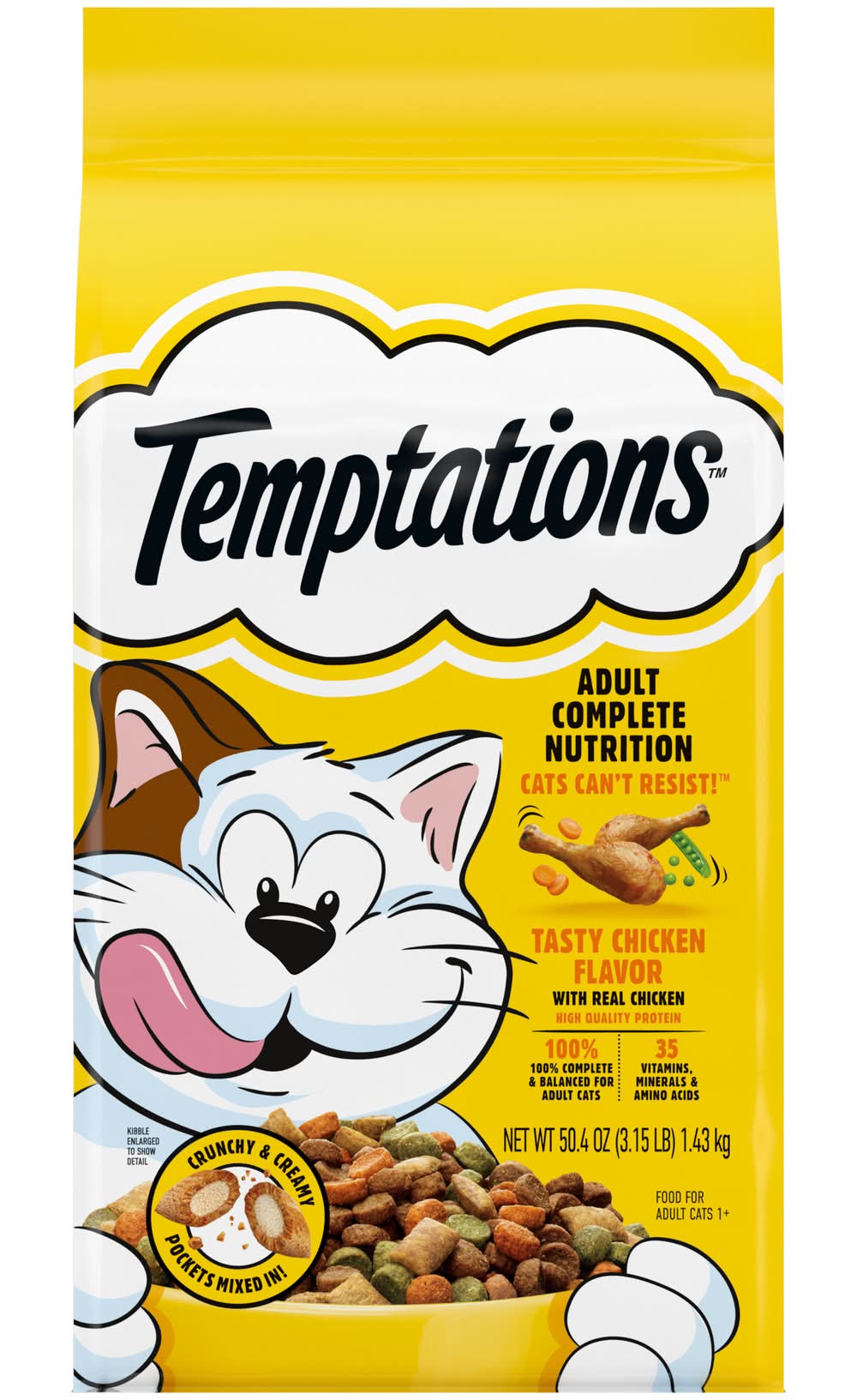 Temptations Crunchy & Creamy Dry Cat Food, Tasty Chicken, Adult (3.15 lbs)