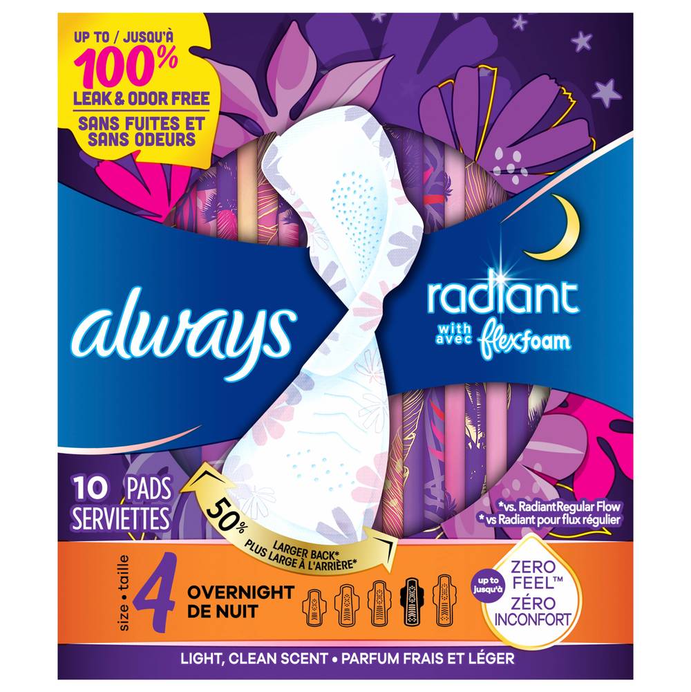 Always Radiant Flexi Foam Wings Overnight Pads, Size 4 (10 ct)