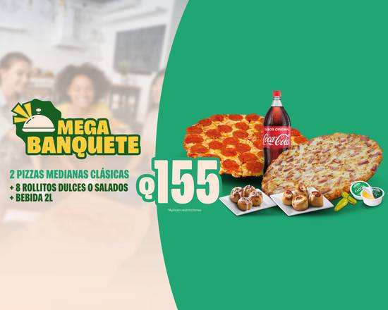 Mega Banquete 😱🤩 2 pizzas medianas en Masa artesanal Delgada + bebida 2lt + acompañamiento