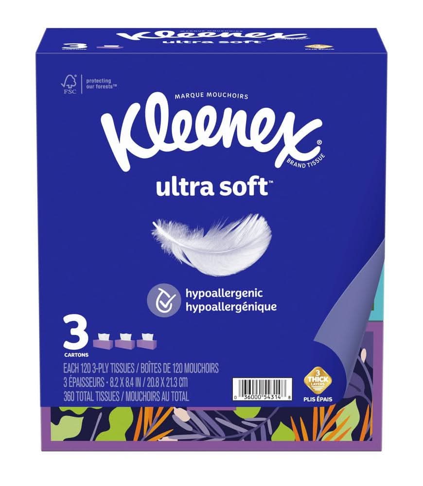 Kleenex Ultra Soft Facial Tissues, 3 Flat Boxes, 120 Tissues Per Box, 3-Ply (360 Total Tissues)