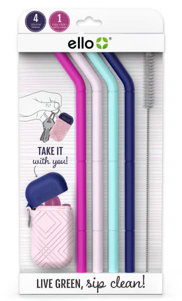Ello Compact Fold And Store Silicone Straw Set, June Breeze Assorted