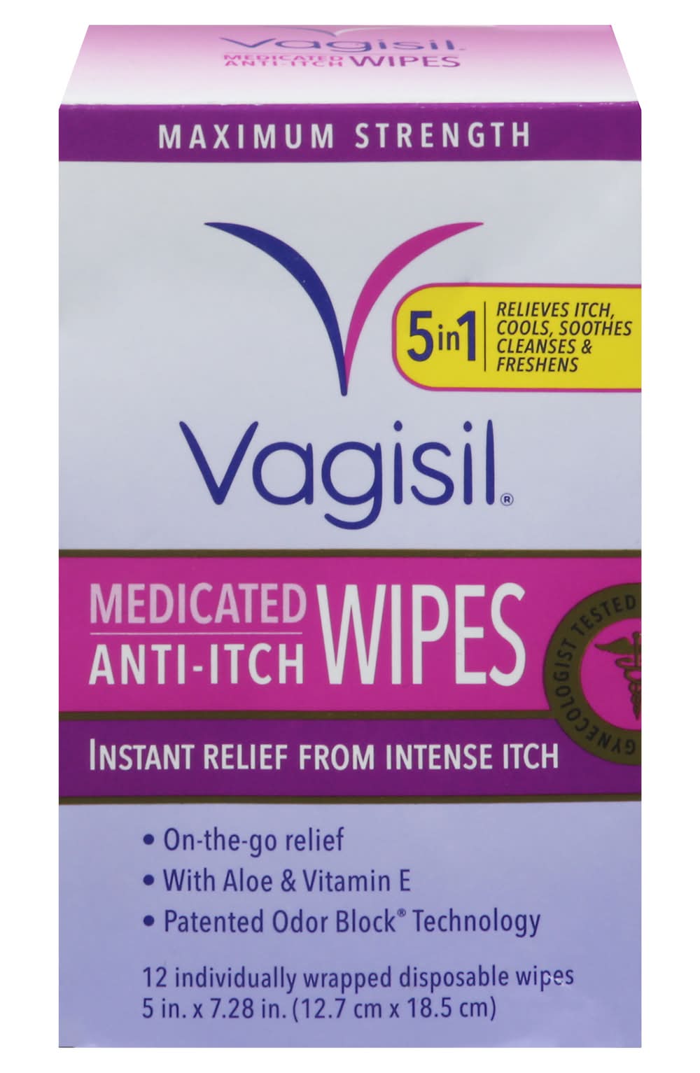 Vagisil Maximum Strength Anti-Itch Medicated Wipes, 5 in x 7.28 in (3.2 oz, 12 ct)