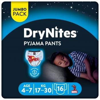 Ropa interior absorbente niño noche DryNites 4-7 años (17kg-30 kg.) 16 ud.