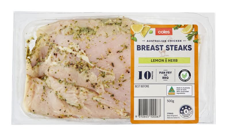 Coles Australian Chicken Breast Steaks, Lemon & Herb (500g)