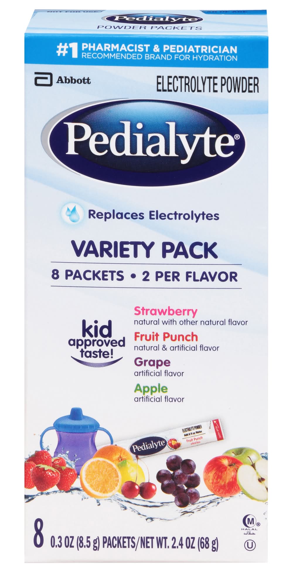 Pedialyte Electrolyte Powder Drink Mix Variety pack, Strawberry-Fruit Punch-Grape-Apple (8 x 0.3 oz)