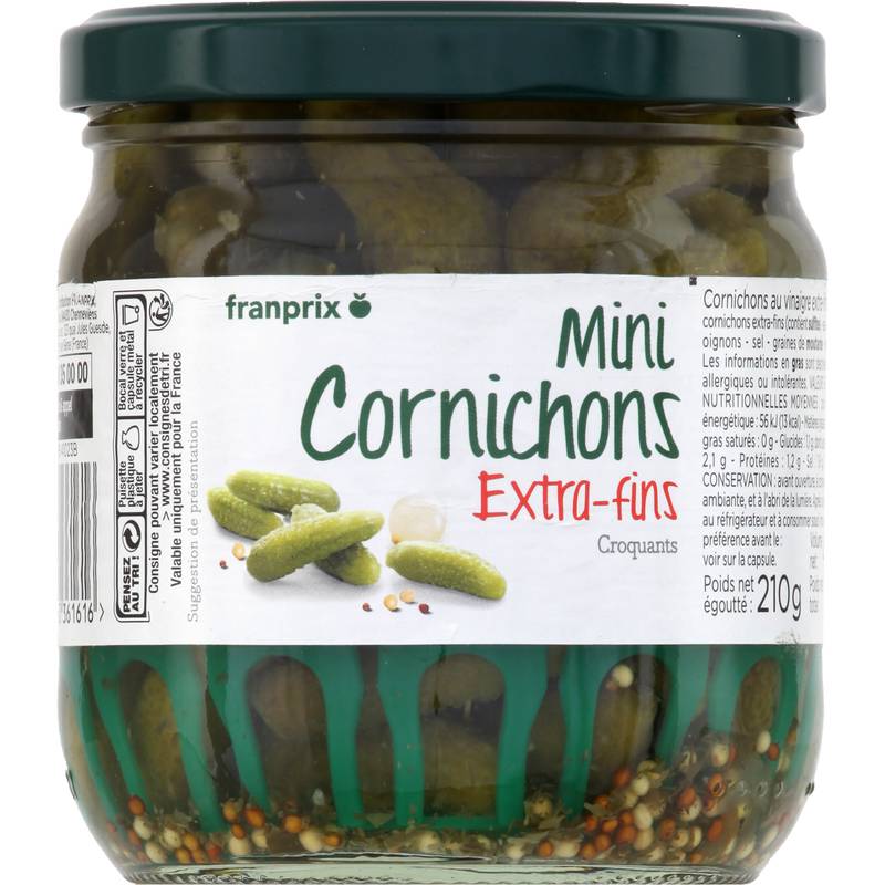 Franprix - Mini cornichons au vinaigre extra fins (380g)