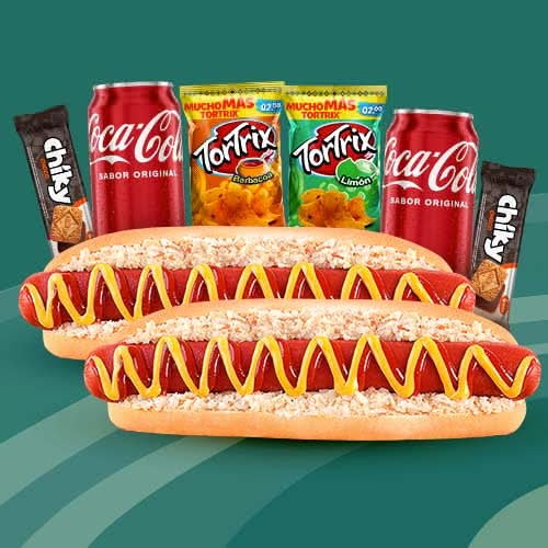 Combo 2 Hot Dog + 2 Coca Cola Lata 12 oz + 2 Tortrix 21g + 2 chiky 40g