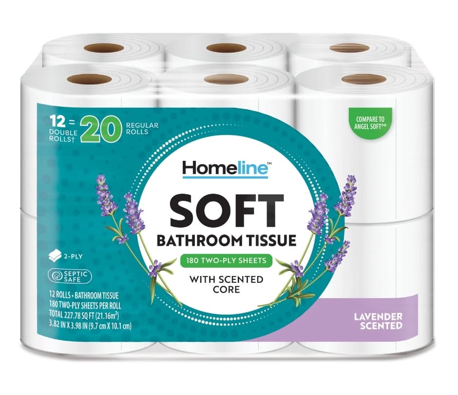 Homeline Soft Family Roll Bath Tissue, Lavender scented tube, 180 sheets, 12 ct.