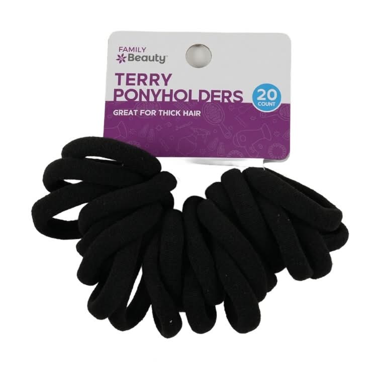 Family Beauty Terry Ponytail Holders, Unisex, Black (20 ct)