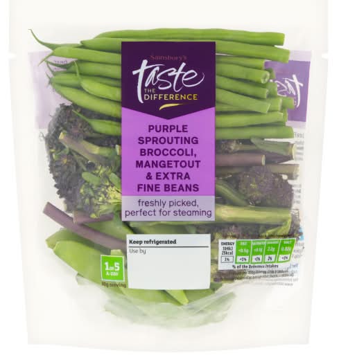 Sainsbury's Taste the Difference Purple Sprouting Broccoli Mangetout & Extra Fine Beans (160g)