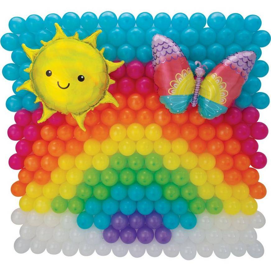 Uninflated Air-Filled Sunshine, Rainbow Butterfly Foil Latex Balloon Backdrop Kit, 6.25ft x 5.9ft