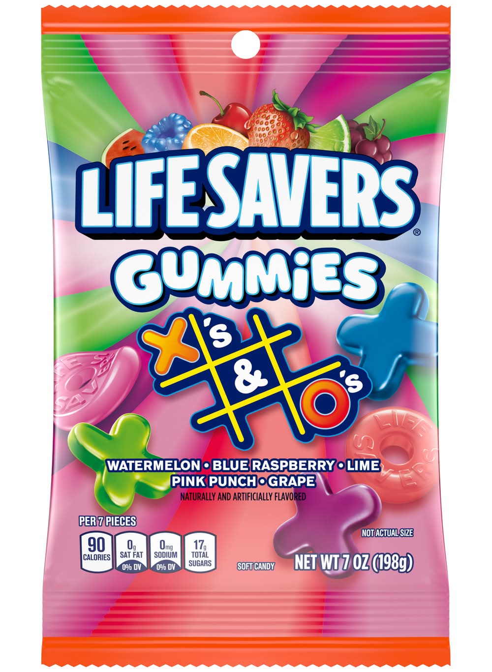 Life Savers X's & O's Gummies Candy, Watermelon/Blue Raspberry/Lime Pink Punch/Grape (7 oz)