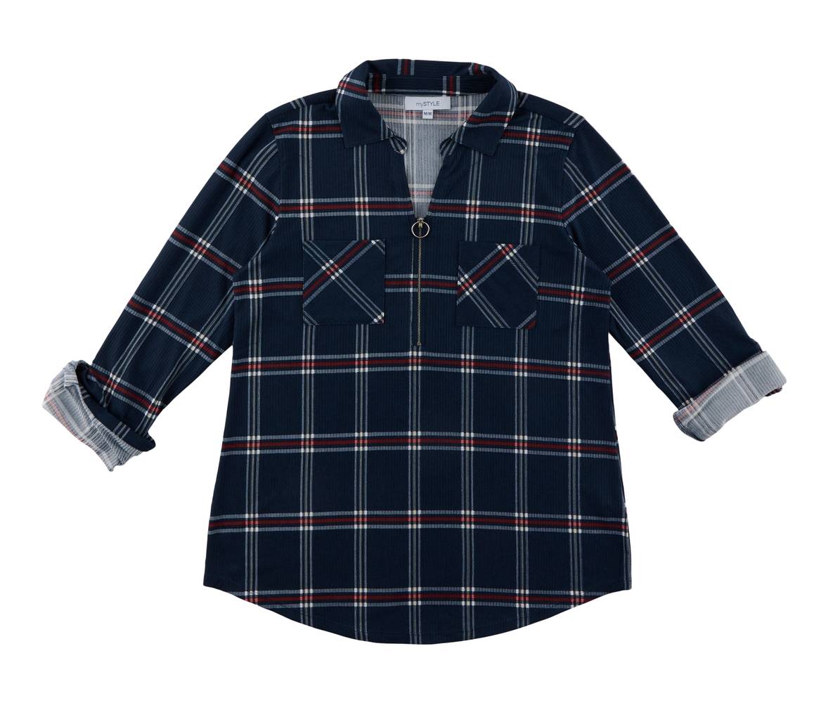 Haut en tricot à carreaux mySTYLE pour femmes (M, Carreau bleu PL1) / mySTYLE Women's Plaid Knit Top (M, Dk Blue PL1)