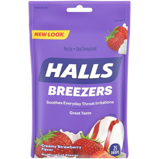 Halls Fruit Breezers Throat Drops Cool Creamy Strawberry