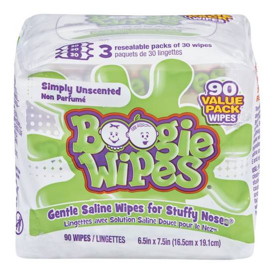Boogie wipes lingettes avec solution saline douce pour le nez (2x45 un) - wipes, unscented (3x90ea)