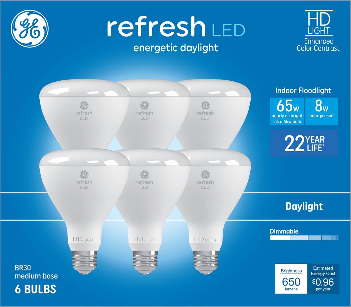 GE Refresh 65-Watt EQ BR30 Daylight Medium Base (e-26) Dimmable LED General Purpose Light Bulb (6-Pack) | 93130642