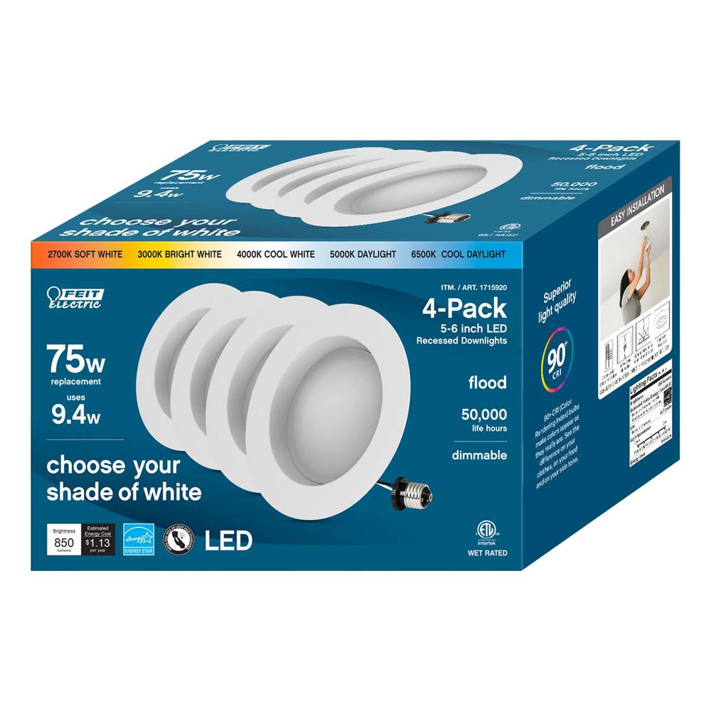 Feit Electric LED 75W Replacement, Dimmable, 4-pack