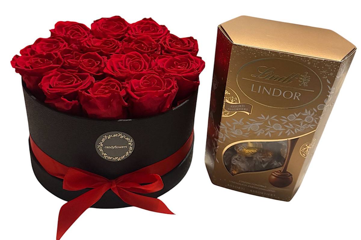 Box roses éternels et LINDOR assorti