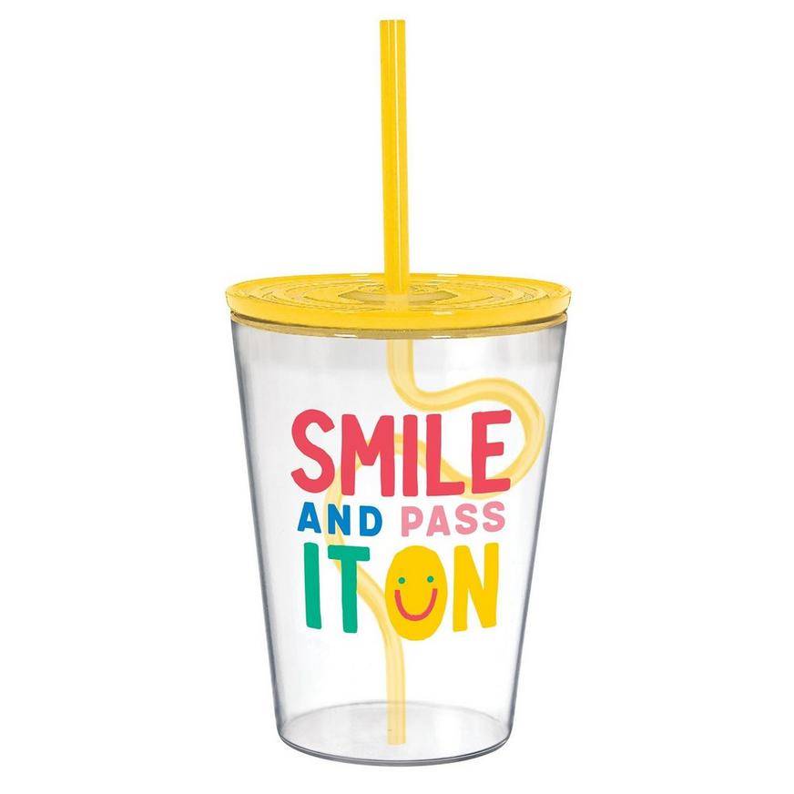 Smile Pass It On Plastic Tumbler with Silly Straw, 12oz