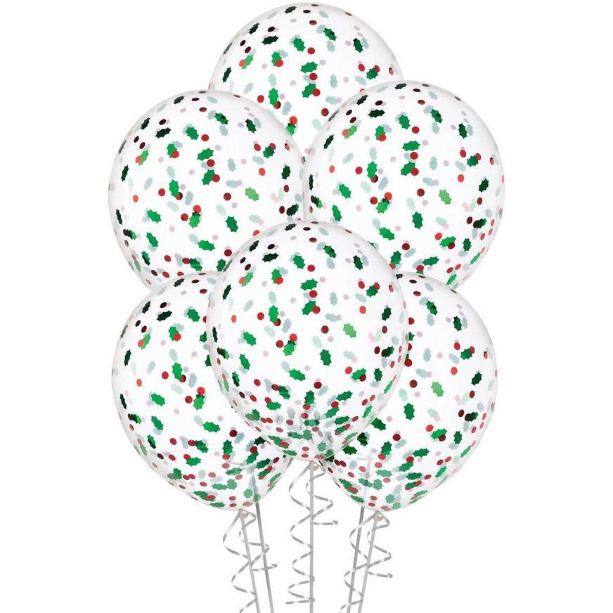 Uninflated 6ct, 12in, Holly Berry Christmas Latex Foil Confetti Balloons