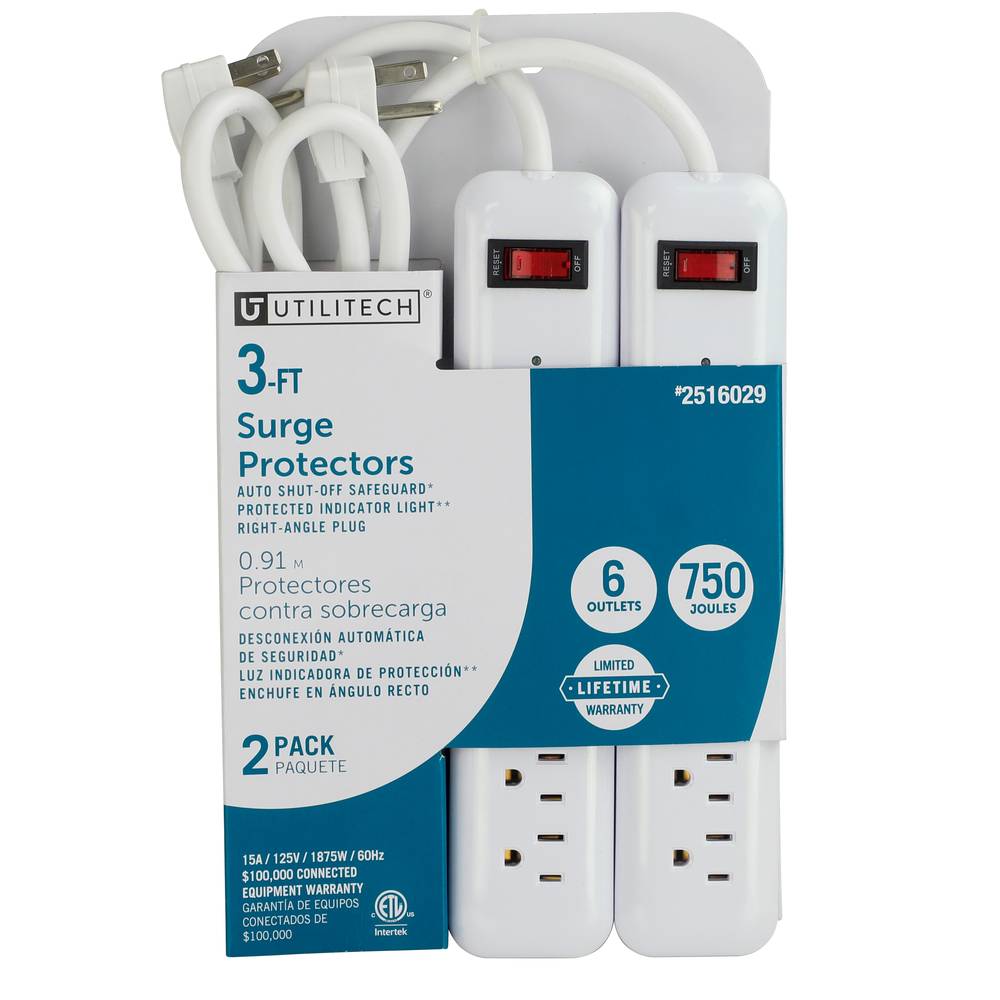 Utilitech 3-ft Project Source 6-Outlet 750 Joules 1875-Watt White Indoor Various Receptacles Surge Protector (2-Pack) | UTPB42124-2PK