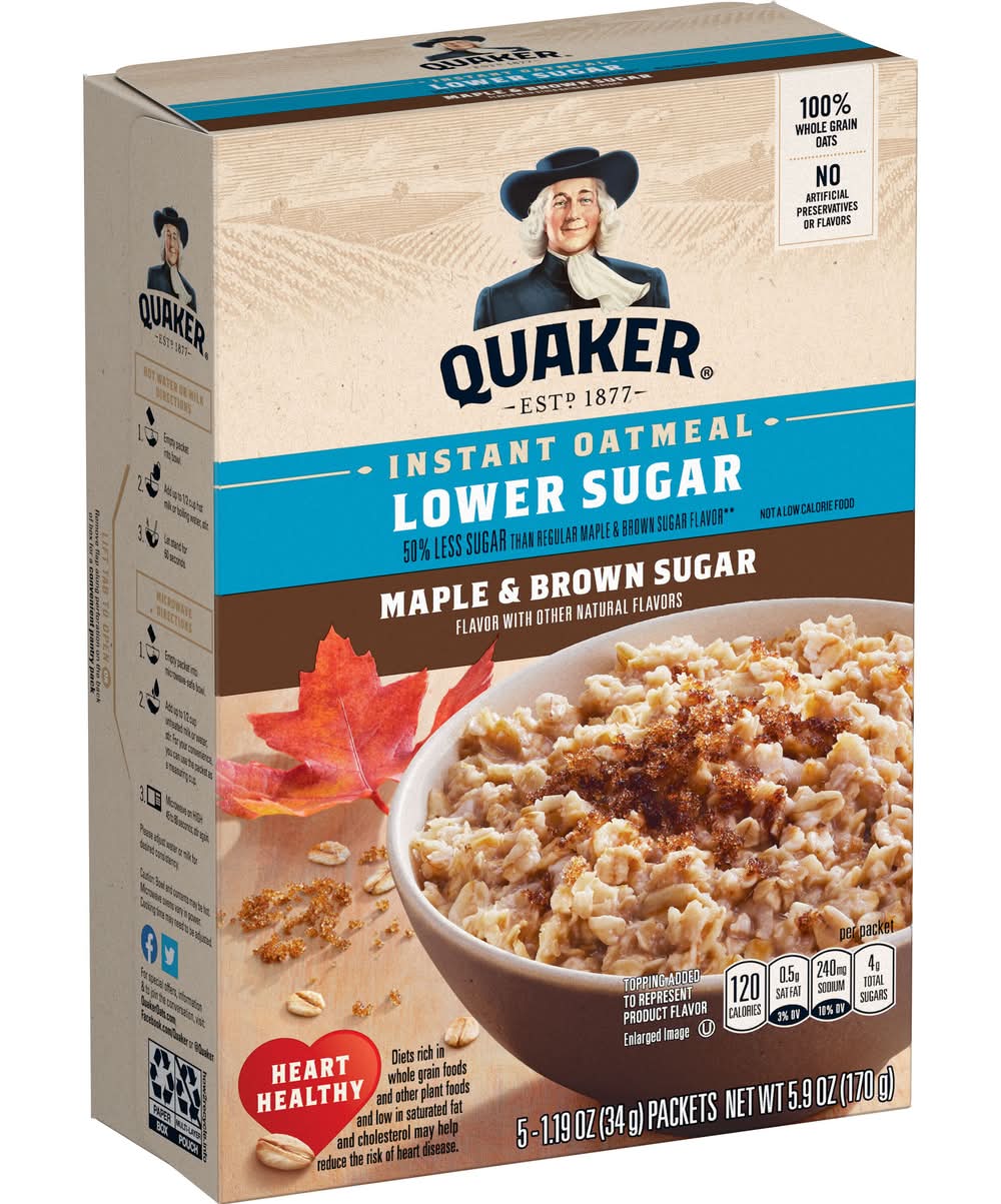 Quaker Lower Sugar Instant Oatmeal, Maple-Brown Sugar (1.19 oz, 5 ct)