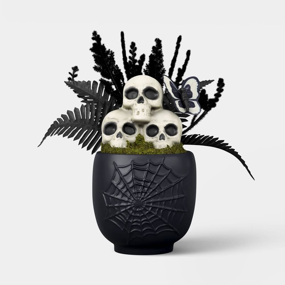 10" Grim Greenery Spider Web with Foam Skulls Halloween Artificial Plastic Pot - Hyde and EEK! Boutique™