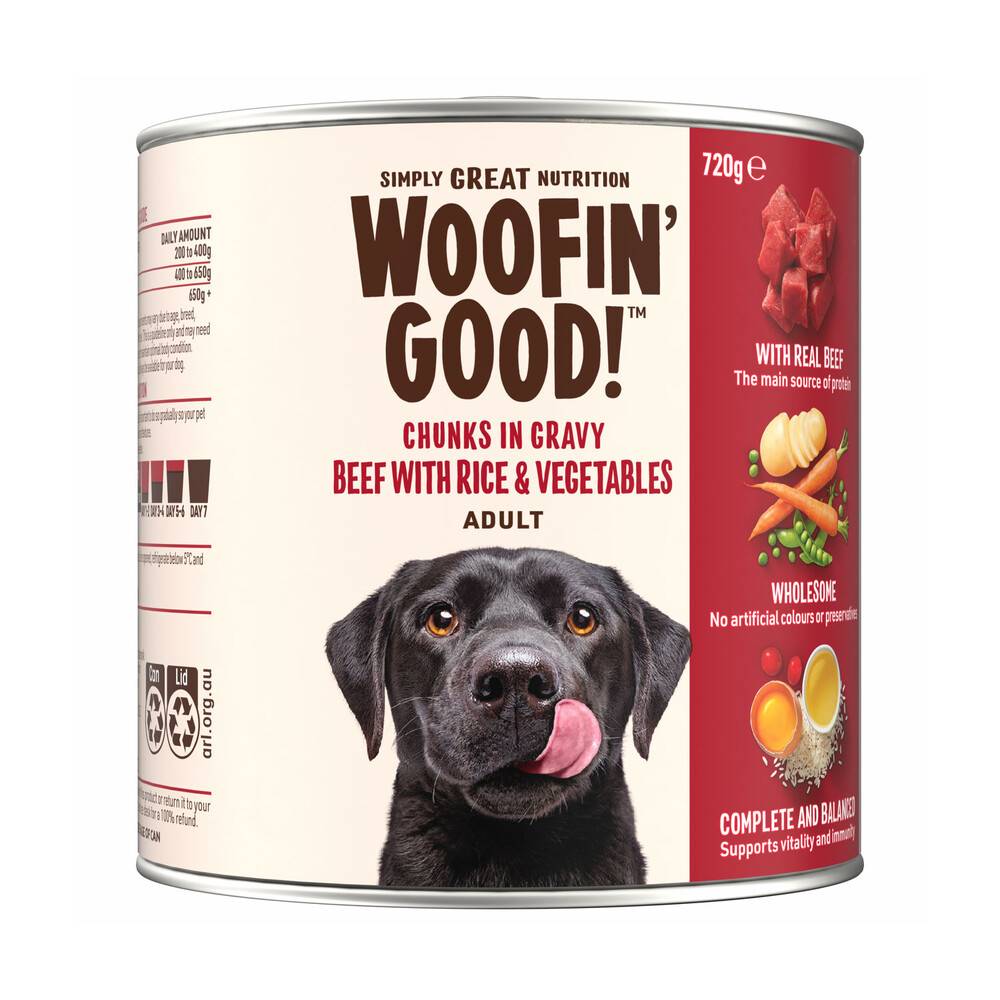 Woofin Good Chunks in Gravy Beef Rice & Veg Dog Food (720g)