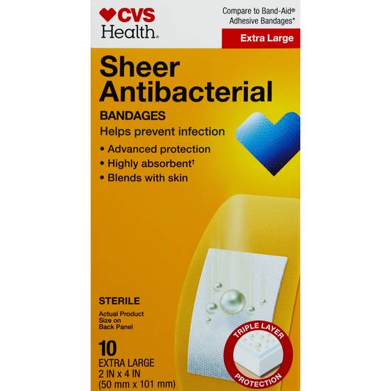CVS Health Sheer Anti-Bacterial Bandages, Extra Large, 10 CT