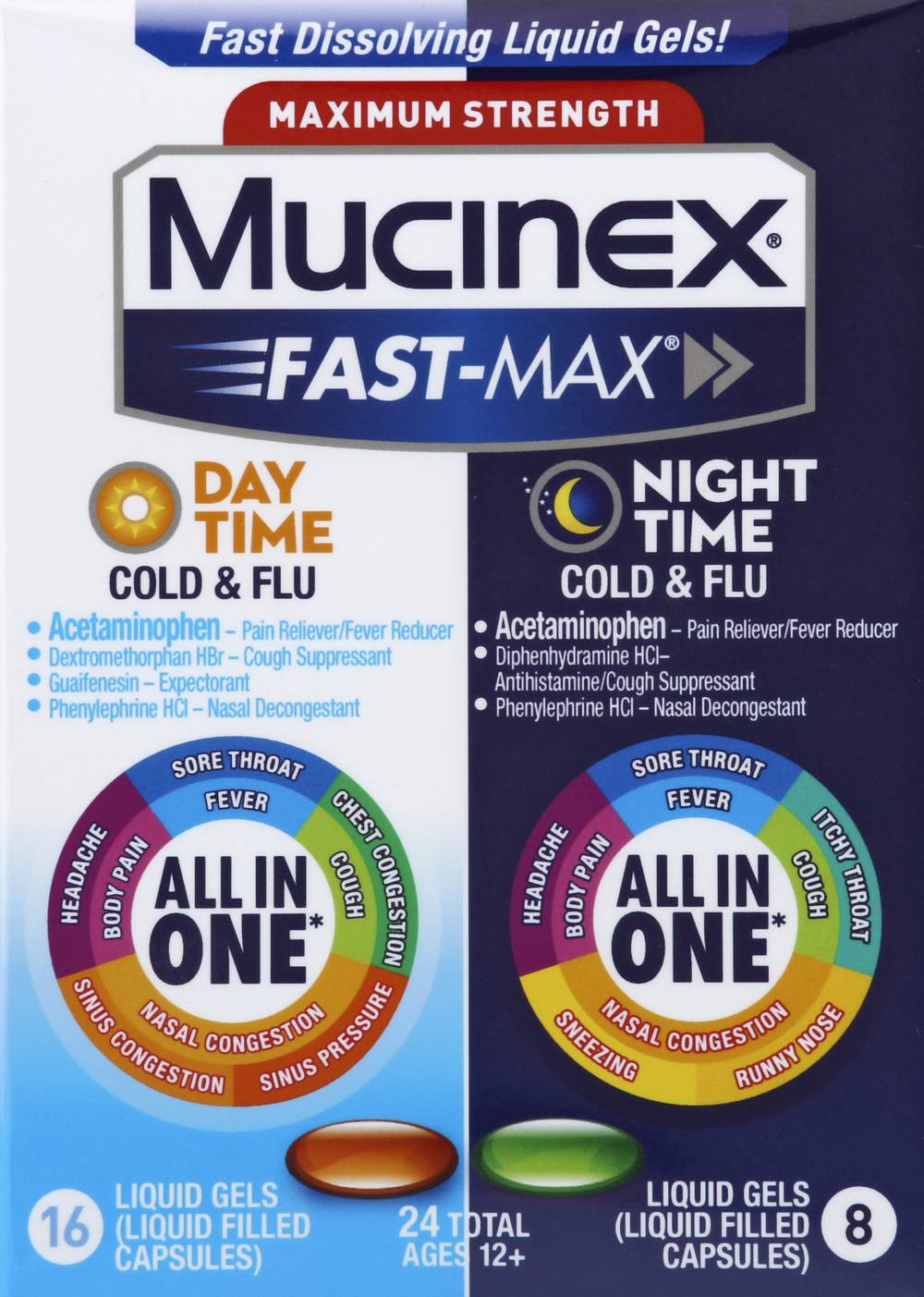 Mucinex Fast Max Maximum Strength Cold & Flu Day Night Capsules (24 ct)