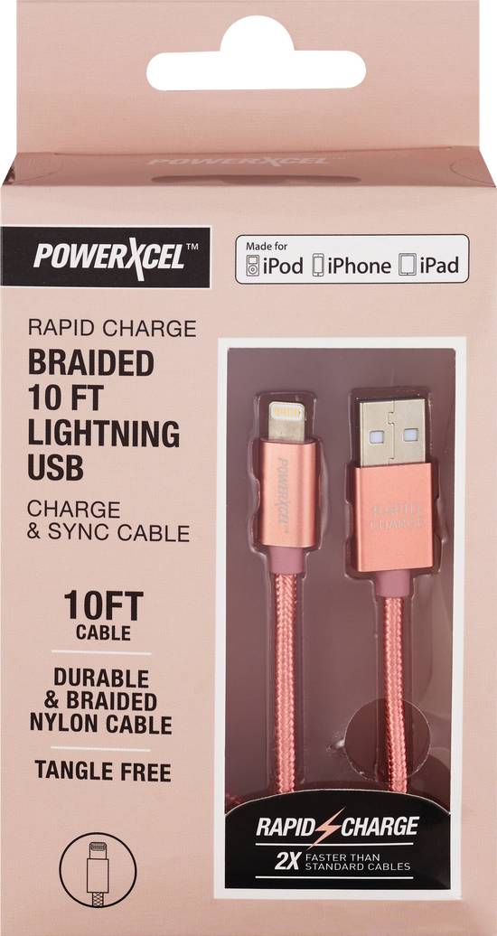 Rapid Charge Braided 10Ft Lightning USB Charge & Sync Cable, Rose Gold