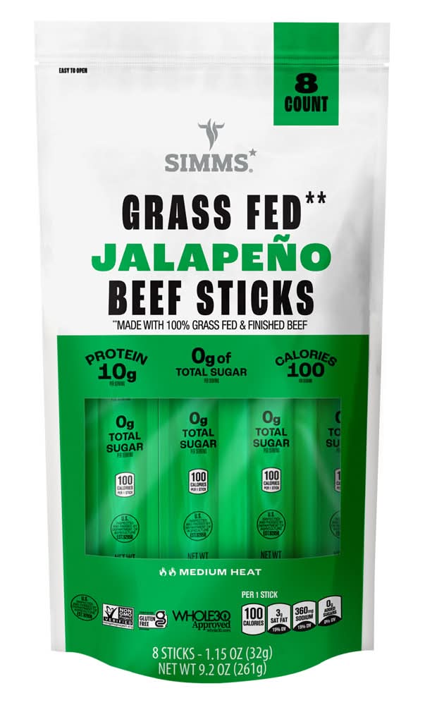 Simms Grass Fed Beef Sticks, Jalapeno (8 x 1.15 oz)