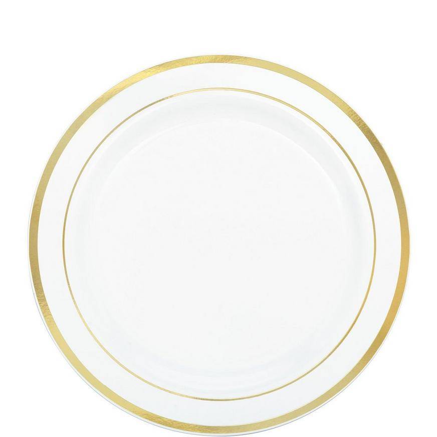 Party City Trimmed Premium Plastic Lunch Plate (7.5 in/white-gold)