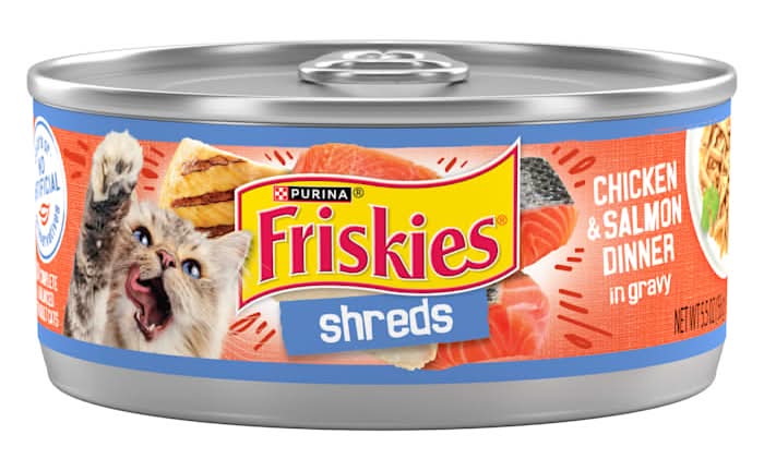 Friskies Shreds Chicken and Salmon Dinner in Wet Cat Food Gravy, 5.5 oz.
