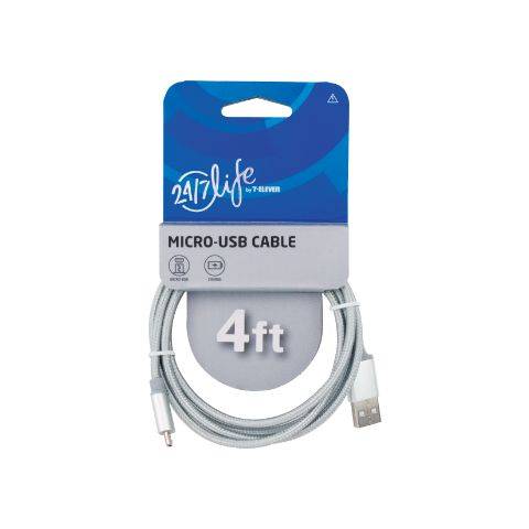 24/7 Life Braided Micro-Usb Cable Grey 4ft