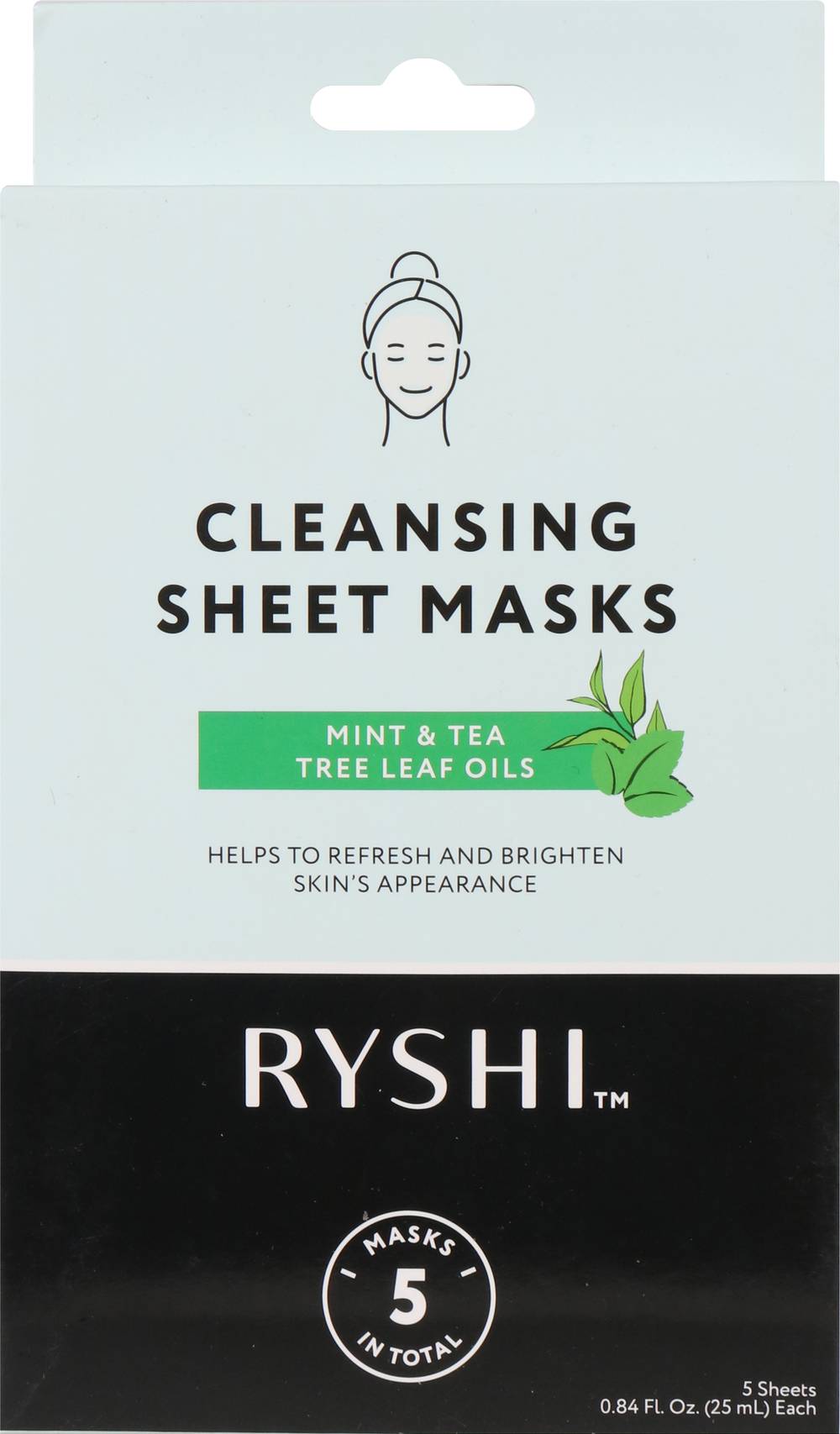 Ryshi Cleansing Sheet Mask, Mint-Tea (0.84 fl oz, 5 ct)