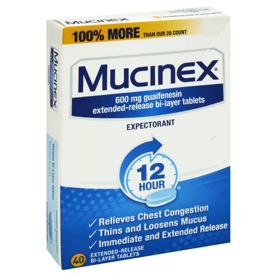 Mucinex 12 Hour Extended-Release Bi-Layer 600 mg Guaifenesin Tablets (40 ct)