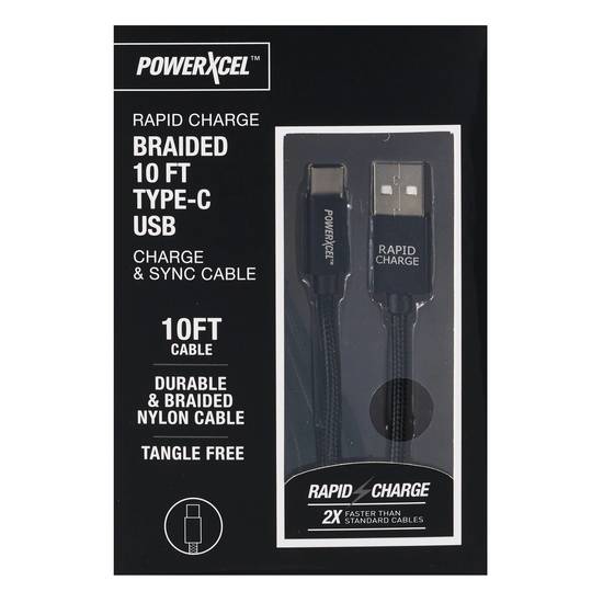 PowerXcel Rapid Charge & Sync Cable, Type-C USB, Braided Nylon Cable, Black, 10 FT