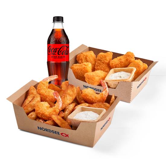 EURO Bundle: Fish Nuggets Box 6stk + Garnelen-Kartoffeln-Box normal + Coca Cola Zero 0,5L
