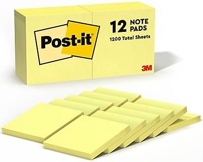 Post-it Notes, 3 x 3, Canary Collection, 100 Sheet/Pad, 12 Pads/Pack (654-12YW)