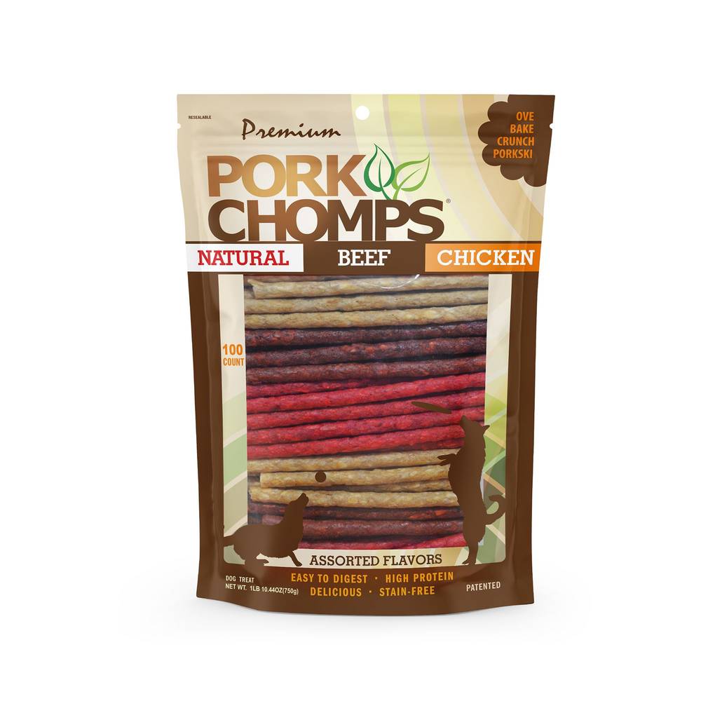 Pork Chomps Dog Chews&Munchy Sticks (100 count/beef,)