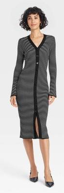 Women's Bell Long Sleeve Midi Sweater Dress - A New Day™ Black Striped L: Heavyweight Ribbed Viscose-Nylon Blend, Front Button Down