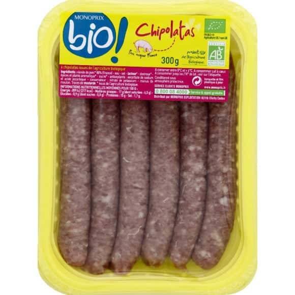 Monoprix Bio Chipolatas De Porc Bio La Barquette De 6 = 300 G