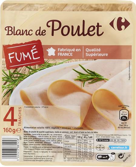 Blanc de poulet fumé Carrefour Extra - la barquette de 4 tranches - 160g