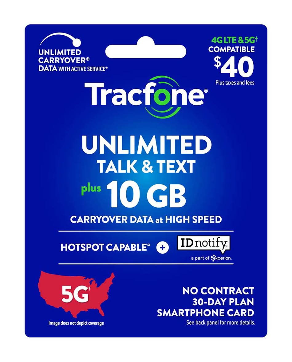 Tracfone $40 Unlimited Talk & Text Plus 10 Gb Carryover Data 30-Day Prepaid Plan