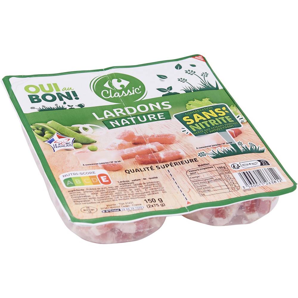 Lardons nature Sans Nitrite CARREFOUR CLASSIC' - les 2 barquettes de 75g