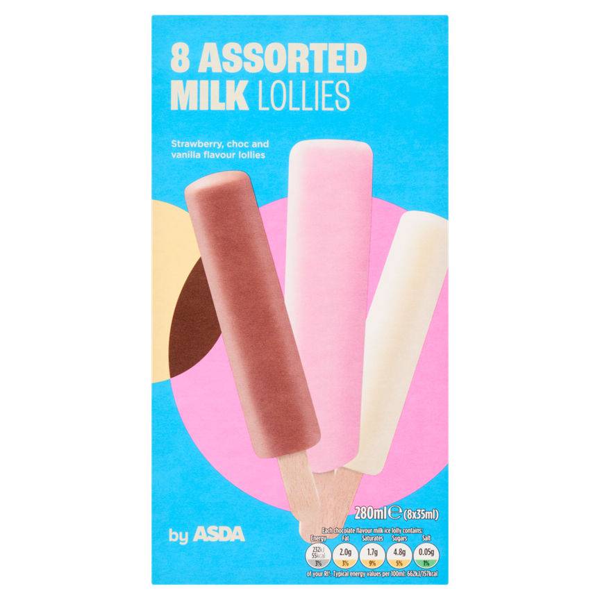 ASDA Strawberry-Chocolate-Vanilla, Milk Lollies (8 pack)