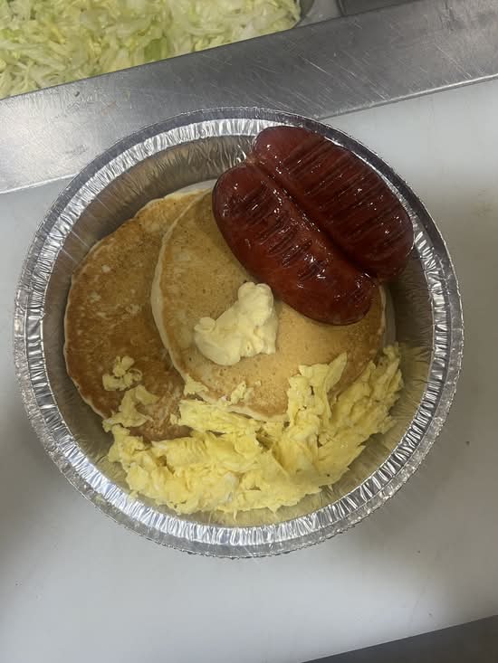Pan cakes beef sausage and 2eggs ( any style)